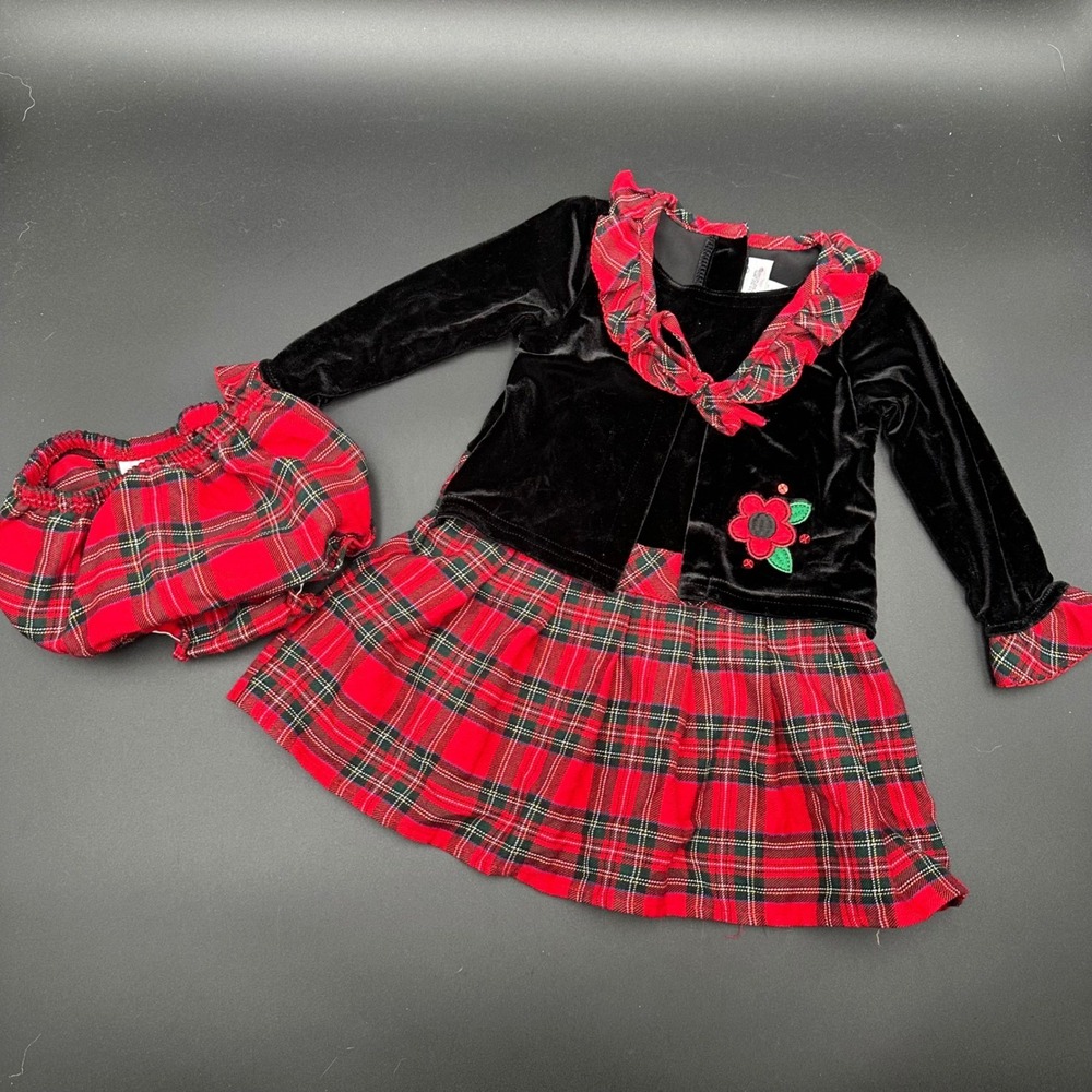 VTG Youngland 24M Black Red Velvet Plaid Dress Bolero Set Ralph Lauren Christmas